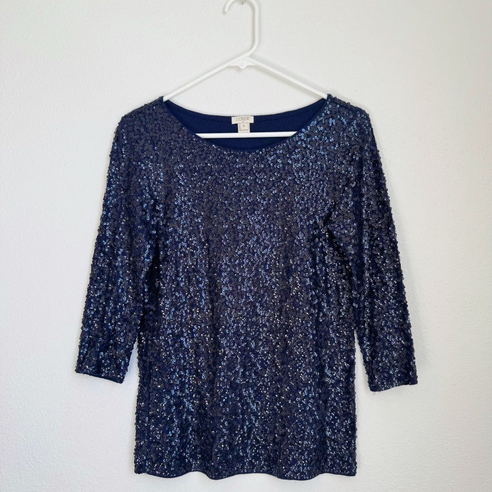 J. Crew Factory 3/4 Sleeve Sequin Blouse in Navy Blue Small